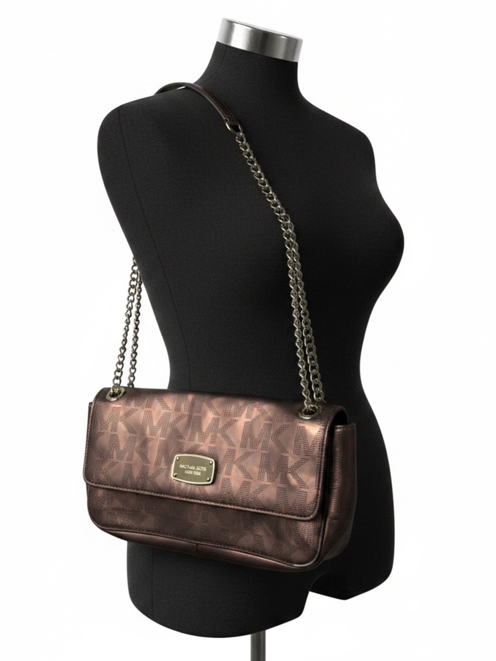 Michael Kors Metallic Bronze Perforated Logo Chain Shoulder Bag - Picture 2 of 16
